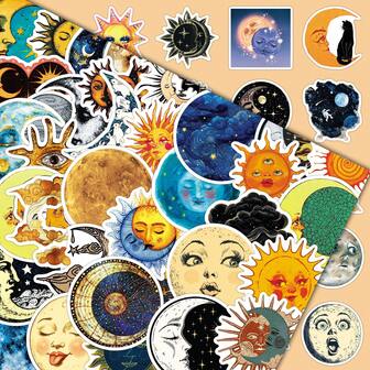 50 st tecknade sol-, stjärnhimmel-, kreativa och retrofantasi-sol-, måne- och nebulosaväggklistermärken för dekoration, skateboard, bokhylla, graffiti
