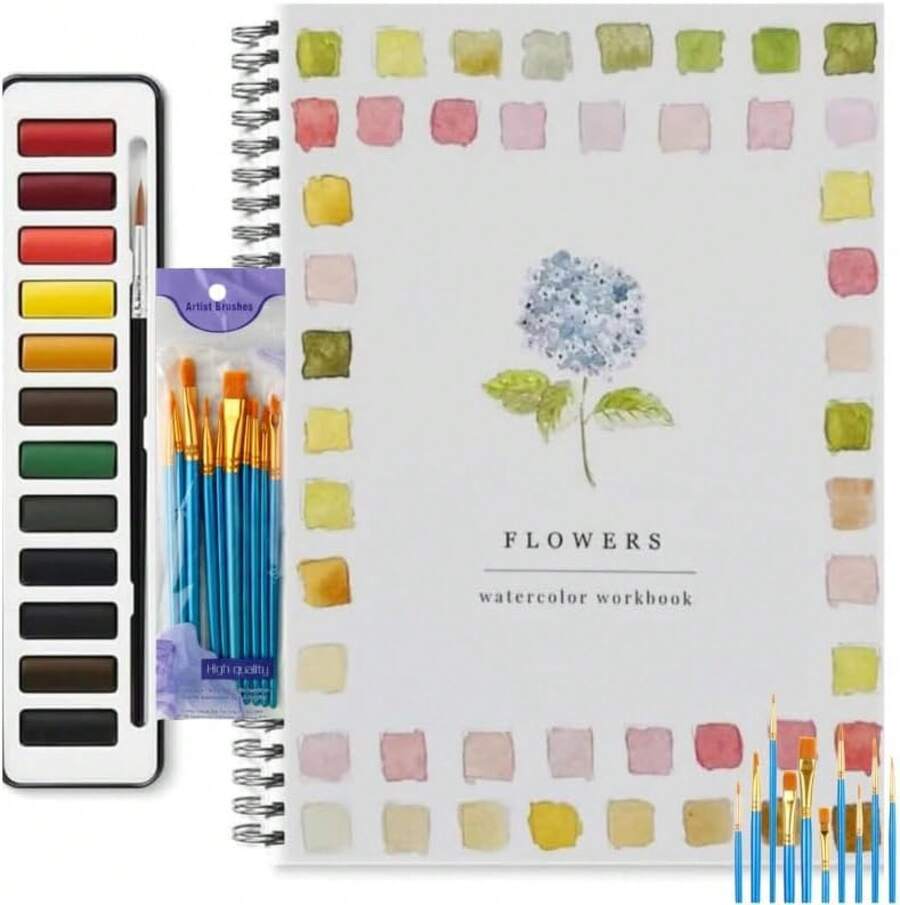 Libro de práctica de acuarela, Libro de práctica de acuarela Lex, pájaros amigables para principiantes, especies de flores, colecciones de acuarela de 12 colores y pinceles (flower) - mar - Ver 1