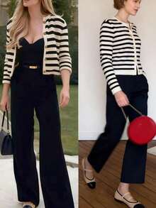 Women's Elegant Striped Crew Neck Knit Cardigan, Versatile Fashion Casual Sweater, Retro Jacket For Commuting, Autumn - Black and White - View 5