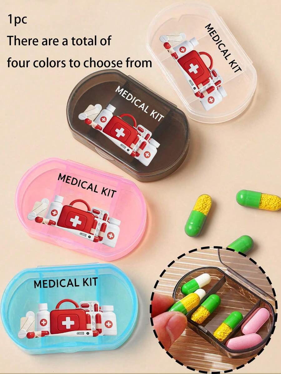1pc Oval-Shaped Pill Box, Letter Printed, 3-Compartment Portable Pill Case, Mini Storage Box, Personalized Creative Gift, Suitable For Travel, Outdoor Activities, Purse, Pocket, Unique Design Travel Storage Box, Medicine Organizer - Multicolor - View 1