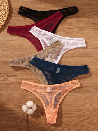 6pcs/Pack Women's Sexy Lace Heart Mesh Thong Panties