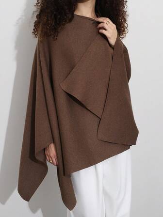 超大圆领纯色不对称下摆无袖斗篷毛衣