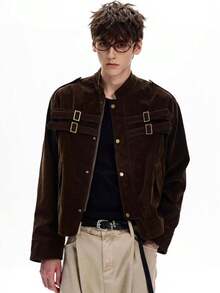 Men's American Retro Patchwork Design Imitation Suede Stand Up Collar Jacket, Men's And Women's Autumn High-End Feeling Cleanfit Versatile Casual Top, Retro Motorcycle Jacket - 棕色 - 查看 1