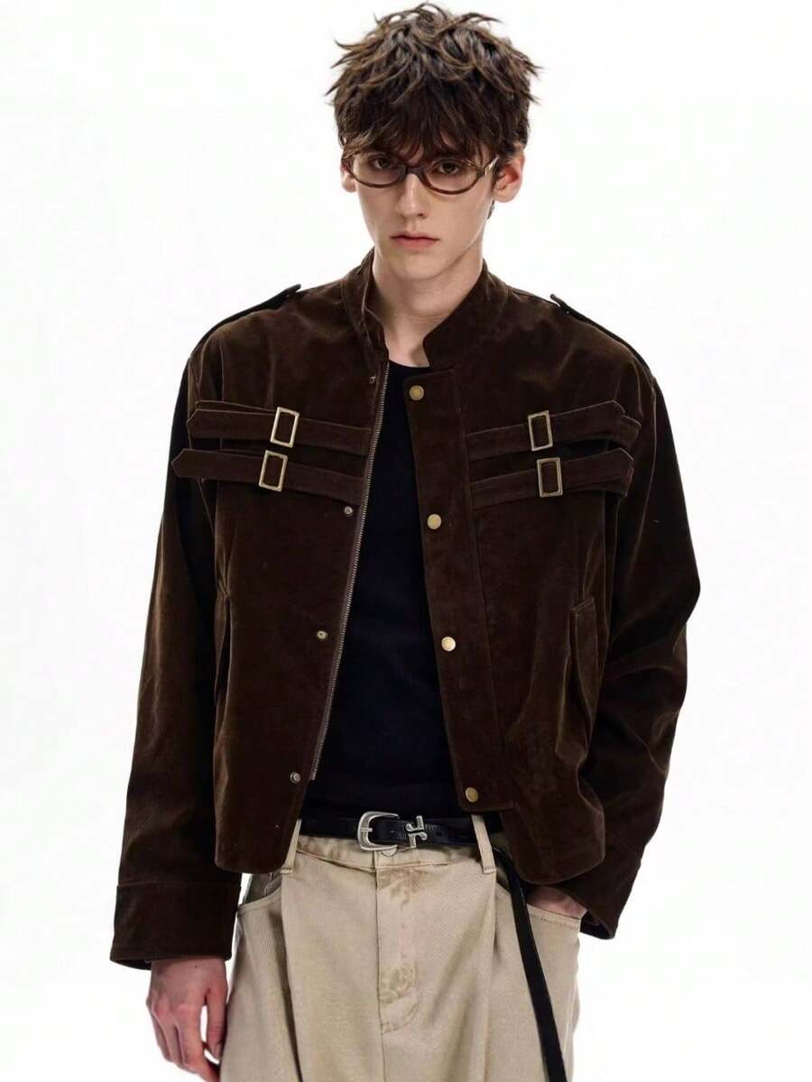 Men's American Retro Patchwork Design Imitation Suede Stand Up Collar Jacket, Men's And Women's Autumn High-End Feeling Cleanfit Versatile Casual Top, Retro Motorcycle Jacket - 棕色 - 查看 1
