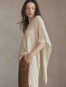 Women's Pullover Poncho Sweater Boat Neck Solid Color Asymmetrical Knit Tops Shawl Wraps - 香檳色 - 查看 4