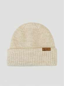 1pc Women's Knit Beanie Hat With Small Leather Patch, Warm Ear Protection, Versatile For Autumn/Winter, Suitable For Outdoor Activities