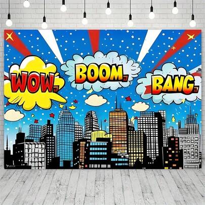 1 件商品，超级英雄城市景观涤纶摄影背景布，美式漫画风格建筑场景生日派对拍照背景，生日横幅装饰，照相亭道具，派对用品装饰，生日装饰