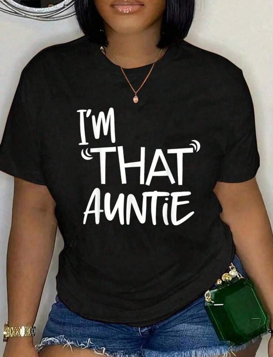 % Cotton I'That Auntie Funny Best Aunt Tee-Shirt Women's Summer Plus Size Classic Soft Crew Neck Tee Tops% Comfortable Cotton - màu đen - Xem 1