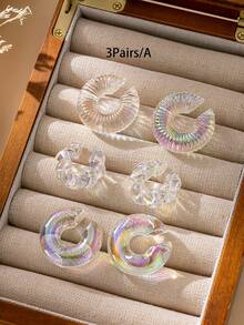 6pcs/Set Women's Holographic Transparent Clip-On Earrings, No Piercing Required, Essential Party/Daily Fashion Earrings - Transparent Color - View 2