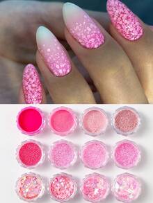 12 Màu Hồng Bóng, Bột Nhũ Móng Tay Lấp Lánh, Hạt Nhũ Ánh Kim, Bột Màu Holographic, Trang Trí Móng Tay Sang Trọng Cho Đám Cưới - Nhiều màu - Xem 2