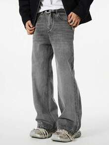Grey Casual Wide Leg Washed Denim Jeans, Versatile All Season