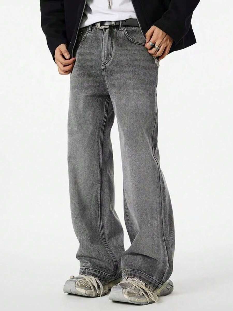 Grey Casual Wide Leg Washed Denim Jeans, Versatile All Season