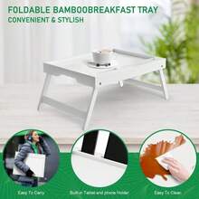 Artmeer Bed Tray Table With Folding Legs, Bamboo Breakfast Food Tray With Media Slot, Use As Platter, Laptop Desk, Snack, TV Tray Kitchen Serving Tray (White Extra-Large Size) - ColorC - View 3