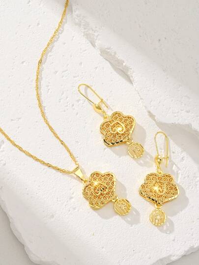 New Elegant Luxury Women Necklace Pendant Earrings Jewelry Set, Minimalist Niche 24K Gold Plated Copper Material