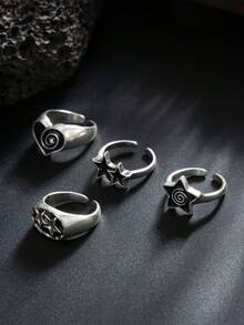 4pcs/Set Punk Hiphop Spiral Star Multielemental Metal Open Rings Set, Vintage Fashion, Suitable For Wedding, Party, Holiday, Casual, Street Snap, Men & Couples, Holiday, Birthday, Versatile Jewelry Ring Gift