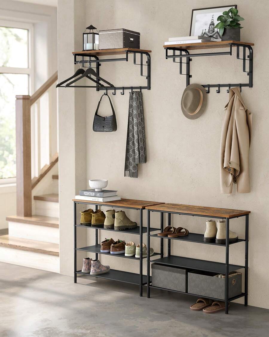 VASAGLE Perchero de Pared, Perchero Colgante con 5 Ganchos Extraíbles, Estante Montado en Pared, Barra de Colgar, para Pasillo, Dormitorio, Sala de Estar, Marrón Rústico y Negro - Marrón - Ver 1