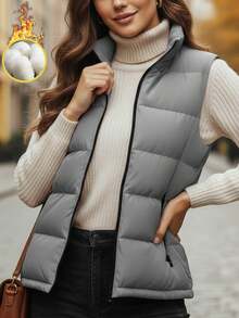 女士羽绒背心无袖拉链外套，秋冬季休闲叠穿外套 - 淺灰色 - 查看 2