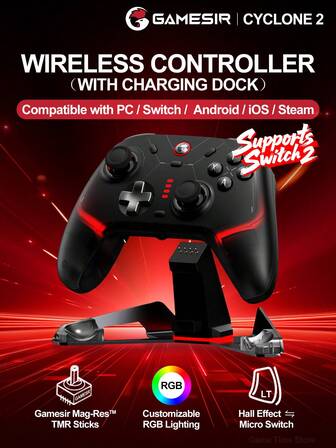  GameSir Cyclone 2 Pro Gamepads PC Compatible With Nintendo Switch 2 Controller For Switch Oled Lite Windows 10 11 Steam IOS Android Mobile Phone Mag-Res TMR Sticks Hall Effect Analog Triggers 6-Axis Motion Control Asymmetric Rumble Motors RGB Lighting Effect Turbo Function,Bluetooth Wired Or 2.4g Wireless Dongle Connection Black Bundle