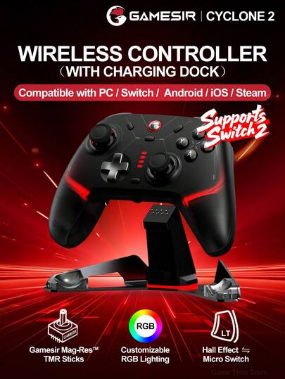  GameSir Cyclone 2 Pro Game Controller, Compatible With PC, Switch OLED/Lite, Windows 10/11, Steam, IOS, Android Smartphones, Featuring Magnetic TMR Joysticks, Hall Effect Analog Triggers, 6-Axis Motion Control, Asymmetric Vibration Motors, RGB Lighting, Turbo Function, Supports Bluetooth Or 2.4G Wireless Adapter Connection, Black