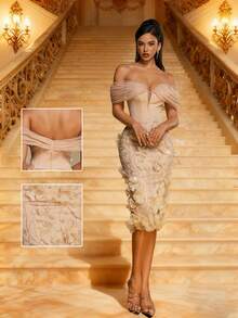 Smilprince Elegant Champagne Off-Shoulder Midi Dress With 3D Floral Appliques, Beaded Detailing, Formal Cocktail Dress Party Dress Wedding Guest Dress