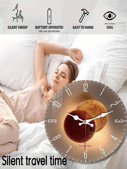 Pc 10 Inch/12 Inch Verlichting Shadow Art Frameless Wood Wand Clock, Planet Pattern, Silent Non Ticking, Living Room, Bedroom, Dining Kitchen, Office Home ation Crafts, Round Friends, Battery Powered (No Battery) Room view 5