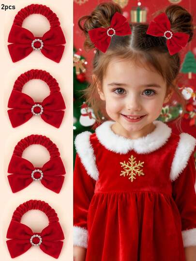 2 Stück rote Haarschleifen-Ringe für Mädchen, Samt-Strass-Dekor Haarschleifen-Ringe, süße Haarzubehör als Weihnachts- und Herbst-/Wintergeschenke für Kleinkinder