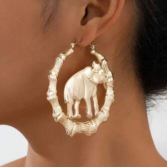 一对优雅超大号大象竹结耳环，奢华金色设计，精致百搭，适合日常佩戴，四季皆宜。