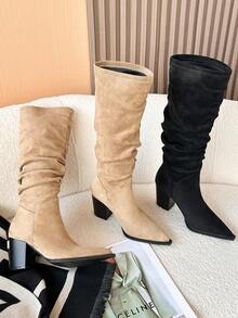 Xin Jing Shoes Fall/Winter Women's Fashion Pointed Toe Wrinkled Chunky Heel Over-The-Knee Boots, Sexy & Versatile For Commute And Vacation, Comfortable - Khaki - View 12