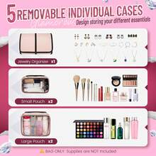 Large Travel Cosmetic Bag, Women's Storage Bag With 4 Removable Dividers And A Jewelry Storage Roll, Pink Multifunctional Portable Cosmetic Bag, Cosmetic Bag For Travel And Business Trips. - 粉色 - 查看 3