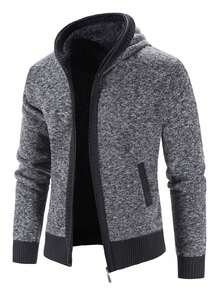 Chaqueta de punto con capucha y cremallera completa, forro de borreguito, estilo de negocios casual de moda, ajuste regular, suéter de estilo coreano para hombres - Gris Oscuro - Ver 3