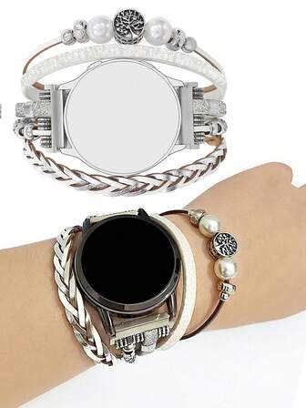 1pc Fashion Multi-Layer Faux Leather Watch Band, Compatible With Samsung Galaxy Watch, Garmin, Amazfit And Other 20mm/22mm Smart Watches, With Cross/Tree Of Life Accessory, Adjustable Metal Buckle (Band Only)