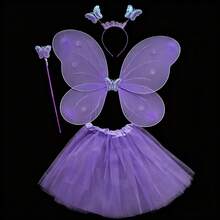 4pcs/Set Multicolor Butterfly Wing Decor Tulle Skirt, Headband, Magic Wand Set, Fairy Woodland Costume Wings Accessories, Suitable For Birthday Party, Festival, Stage Performance, Princess Magic Props