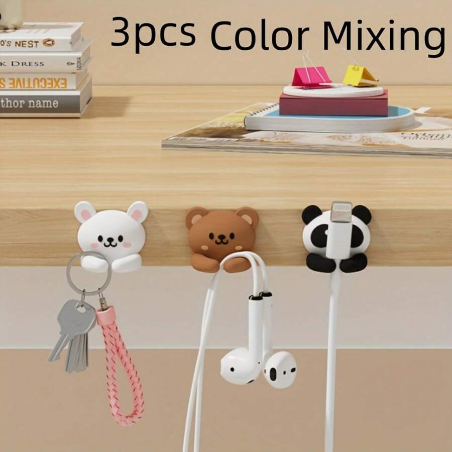 3-Piece Set Of Cute Animal Desktop Multifunctional Cable Winders And Cable Clips. Practical Hook, Mouse Cable Headphone Cable Data Cable Fixer. Nail-Free Traceless Cable Organizer For Desk And Drawer, Used For Home Storage - Nâu + Trắng + Đen - Xem 1
