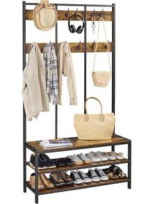 Porte-vêtements avec éère à chaussures, support en bois etétal pour couloir d'entrée, porte-vêtements autoportant, support de couloir sur pied avec éères et 12 crochets, marron rustique GE8I - Gris - Voir 3