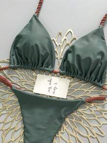 两件套几何与热带花卉印花泳衣，休闲可爱优雅性感波西米亚风系带比基尼，适合春夏海滩度假，女士套装，沙滩装，女士比基尼，女士沙滩套装 - 灰色 - 查看 4