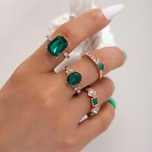 Cross-Border Luxury Accessories Geometric Gemstone Ring Colorful Inlaid Diamond Four-Piece Ring Set - 23643-xanh lá cây - Xem 13