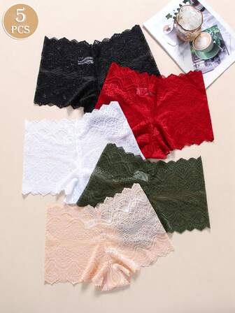 5pcs Women's Sexy Solid Color Sheer Lace Panties