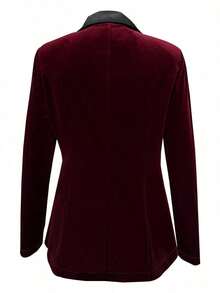Plus Size Women Elegant Velvet Floral Decor Waist Cinched Single-Breasted Contrast Color Shawl Neck Blazer, Spring/Autumn - Màu Đỏ Sâu - Xem 2