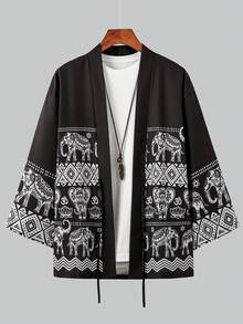 Męski kardigan w stylu retro z nadrukiem w stylu kimono, z długim rękawem, wiązaniem z przodu, swobodna koszula wykonana w 100% z poliestru, bez kołnierzyka, odpowiednia na każdą porę roku – idealny prezent, wygodna odzież wierzchnia | Koszula w stylu vintage | Można prać w pralce - Czarne - Zobacz 10