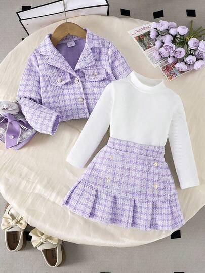 3 Peças Conjunto de Jaqueta de Manga Longa, Top de Manga Longa e Saia Plissada com Estampa de Uniforme Escolar Elegante de Menina Jovem, Primavera/Outono