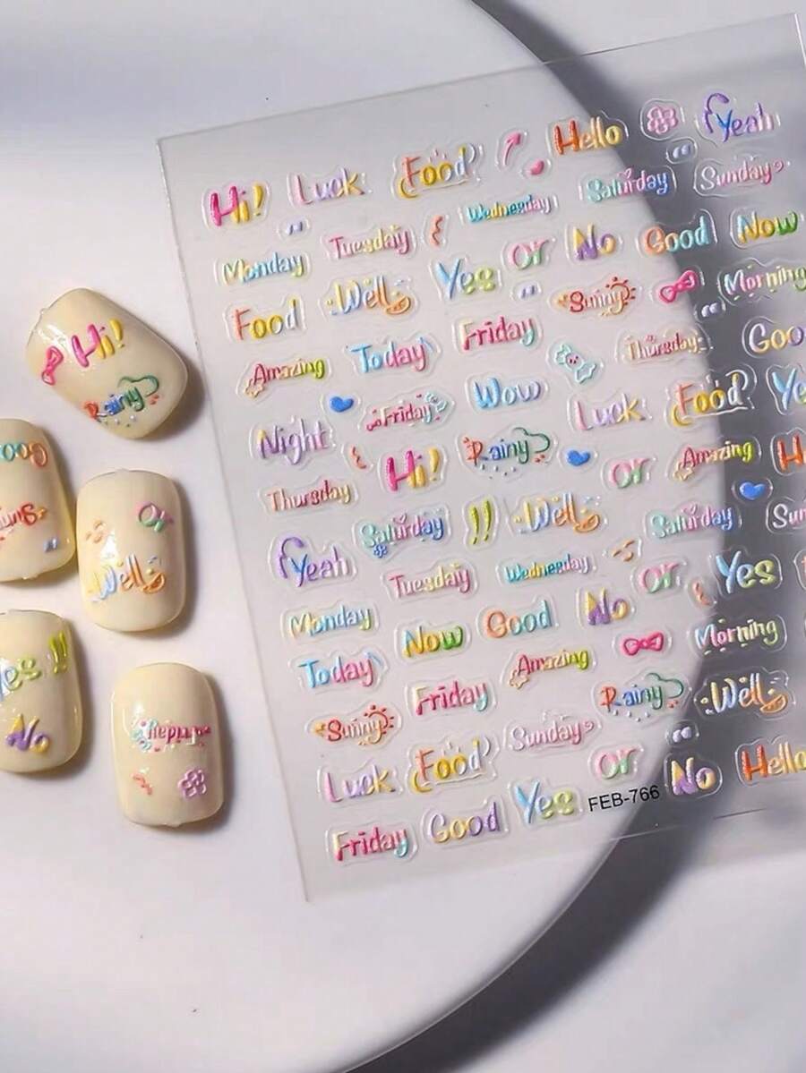 1 pieza Pegatinas de arte de uñas con letras inglesas en relieve 3D, diseño de líneas lindas, decoración de uñas, exquisita, adecuada para salones de uñas, DIY, en relieve y colorida - Multicolor - Ver 1