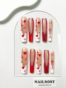 10Pcs Handmade Press On Nails Kit Long Stiletto Pink White Faux Pearls Bling Glitter Glistening Iridescent Luxurious Rhinestone Decor Cat Eye Elegant Minimalist Old Money Japanese Style Modern Korea Style Fresh Design Chic French Style Neutral Classical Creative Glossy Finish Shimmery Ombre 1 Account Manicure Set Includes Adhesive Tabs 35 Mini File Full Cover Fake Nails Design - Pink - View 3