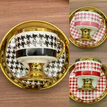 1 Set Ceramic Checkered Gold-Rimmed Vintage Coffee Cup & Saucer, Elegant For Women And Men, Suitable For Turkish/Arabic Espresso, Breakfast, Tea Party, Afternoon Tea, Home, Garden, Restaurant - Applicable For Summer, Autumn, Winter Beverages - Recommended Halloween, Christmas Gift