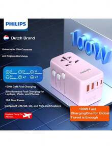 PHILIPS SPB1009B Multi-Country Adapter, Compatible With 200+ Countries And Regions, 100W High-Efficiency Charging, 2 A1 C USB Ports, Suitable For Travel And Business Trips. - EU C Type Plug(220-240V) - View 4