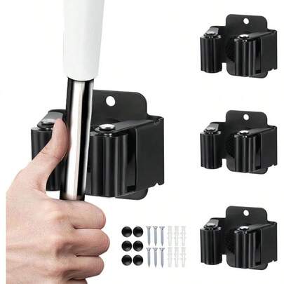 3PCS Broom And Mop Holder, Heavy Duty Garden Organizer Rack Rake And Shovel Handle, Stainless Steel Mop Hanger. Wall Mounted Utility Rack With Screws, Matte Black