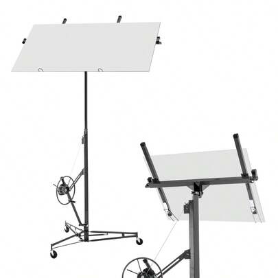 Gipslyft för väggpaneler och takinstallation: 68 kg lastkapacitet, justerbar höjd 140-335, hopfällbar, 3 hjul med bromsar, 60° lutningsjustering