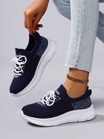 2025 Nya Marinblå Stickade Sneakers För Damer, Andningsbara Bekväma Lätta Fritidsskor, Mångsidiga Stötdämpande Vandringskor, Lämpliga För Dagliga Promenader, Shopping