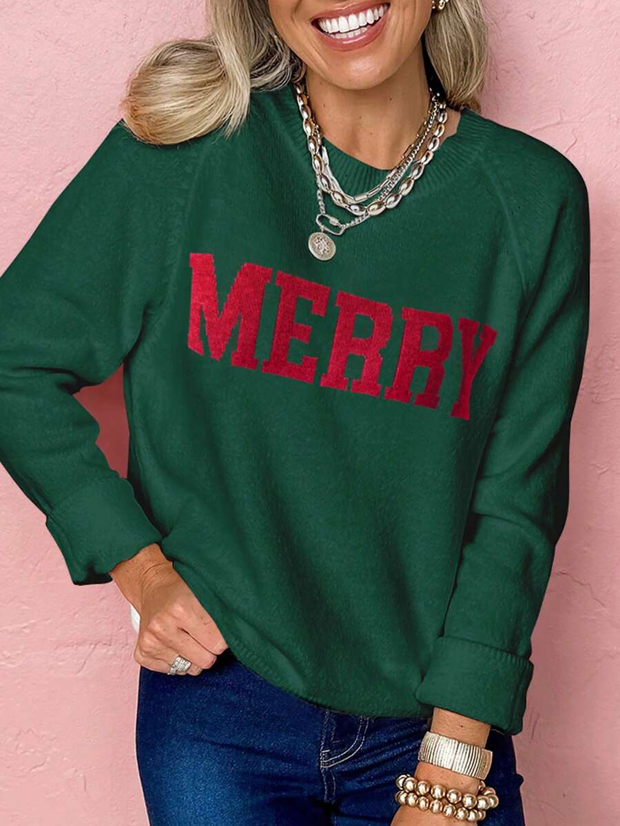 Acelitt كنزة صوفية كاجوال بنمط حرف "MERRY" باللون الأبيض للكريسماس - أخضر - مشاهدة 1