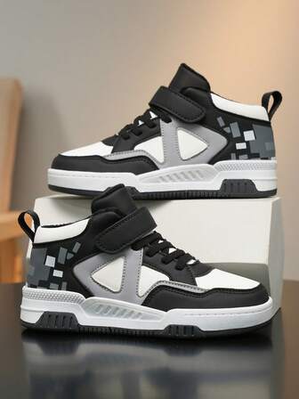 1 双皮革鞋面保暖儿童冬季鞋，时尚拼接皮革防水中帮舒适百搭休闲儿童运动鞋，冬季男童鞋