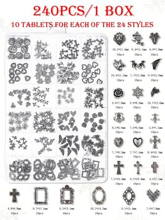 240个/盒。欧美复古银色朋克风暗黑美甲装饰，Y2K金属十字架美甲套装，3D复古风格混合十字架，合金金属质感，DIY美甲装饰，美甲水钻，美甲宝石，美甲用品，美甲饰品，假指甲装饰。